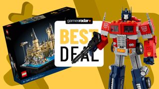 Lego Hogwarts and Lego Optimus Prime on either side of a 'best deal' badge, against a yellow background